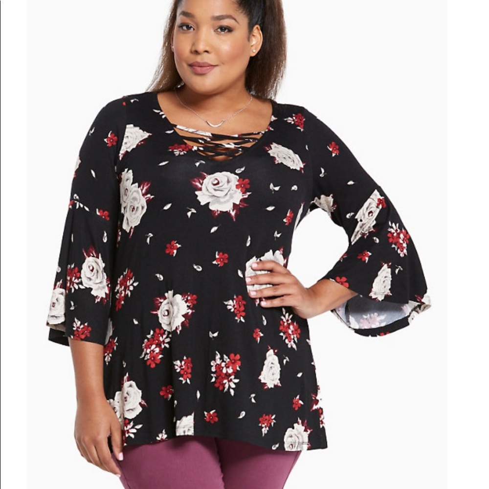Torrid floral print lace up bell sleeve top